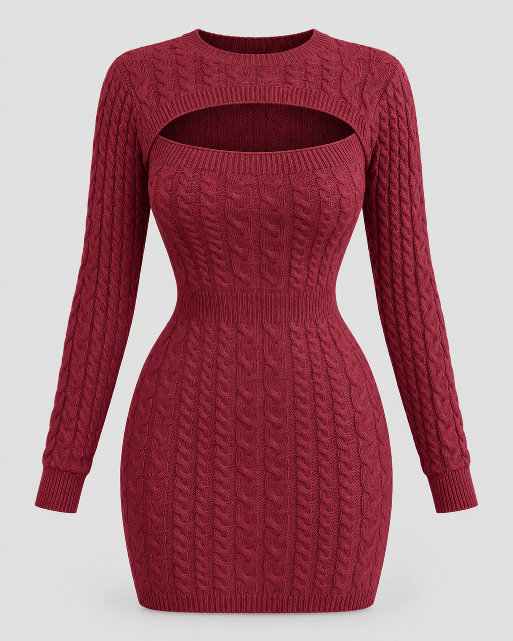 Cable Knit Cut-Out Bodycon Mini Dress in Burgundy, front view on its own