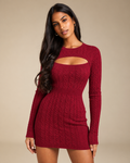 Cable Knit Cut-Out Bodycon Mini Dress in Burgundy, front view on model