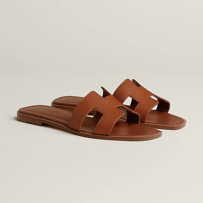 Tan Leather Effect Flat Sandals