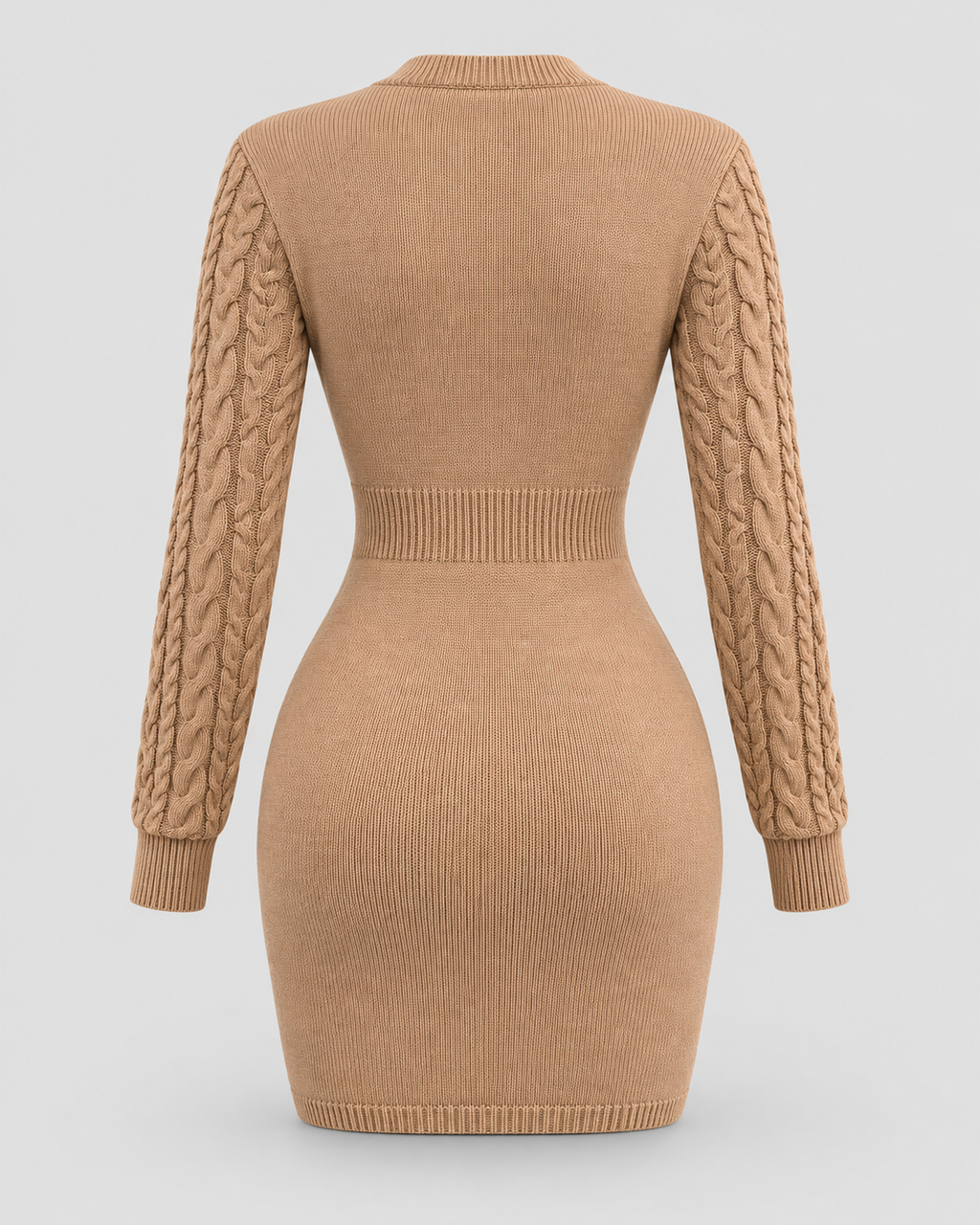 Cable Knit Cut-Out Bodycon Mini Dress in Camel, back view on its own