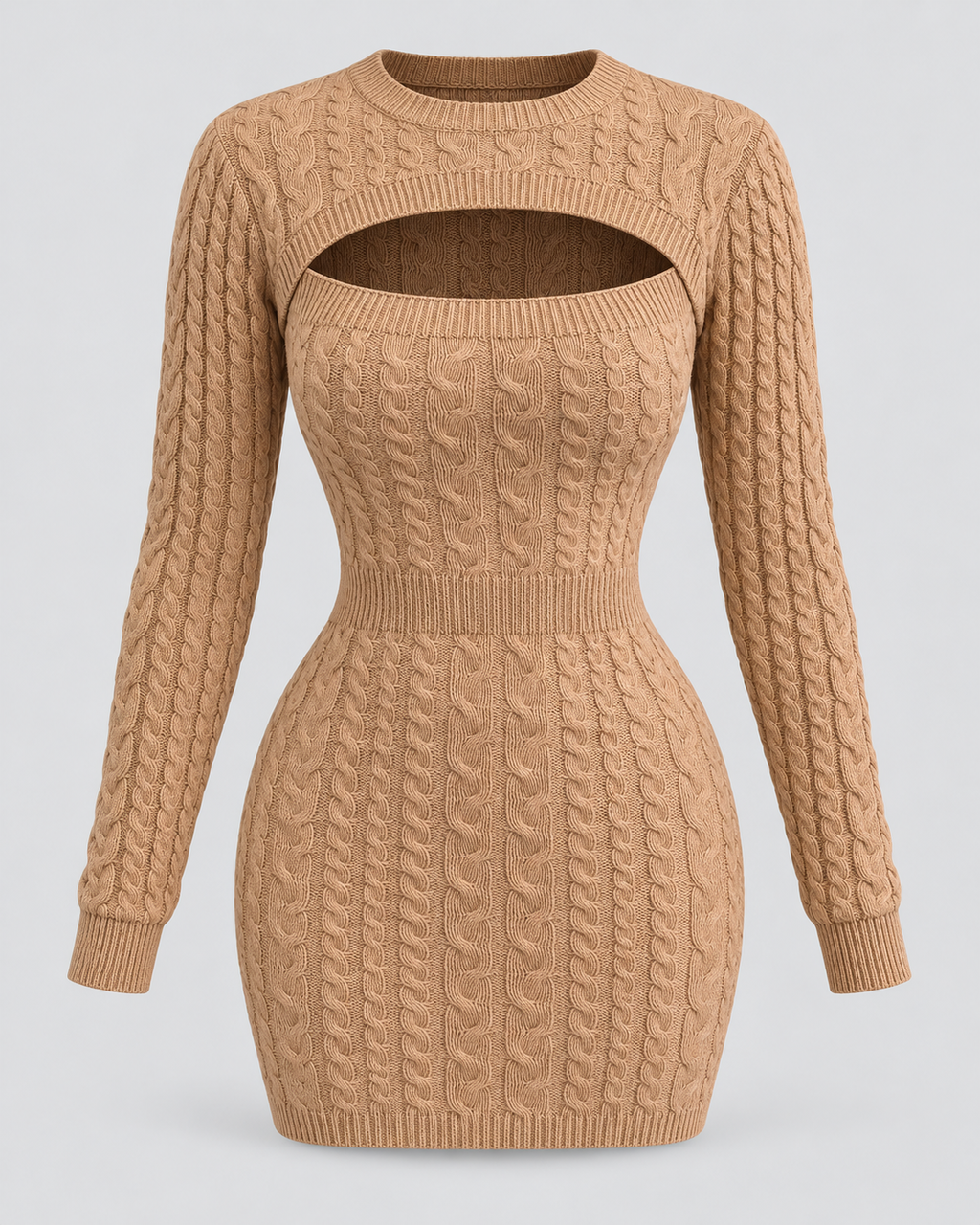 Cable Knit Cut-Out Bodycon Mini Dress in Camel, front view on its own