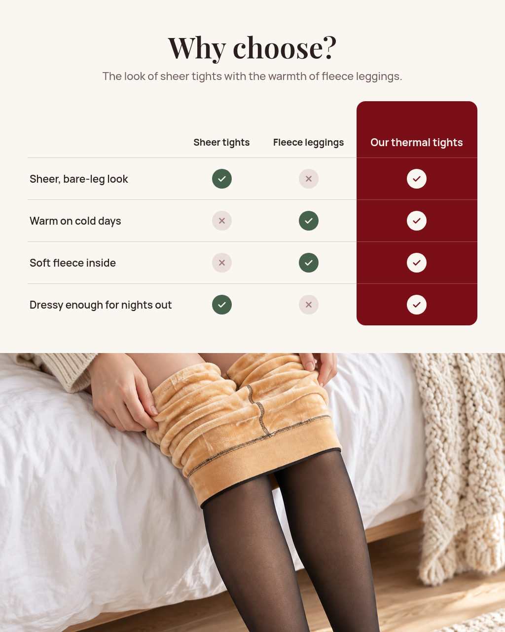 Fleece-Lined Sheer-Look Thermal Tights in Black, compared with sheer tights and fleece leggings