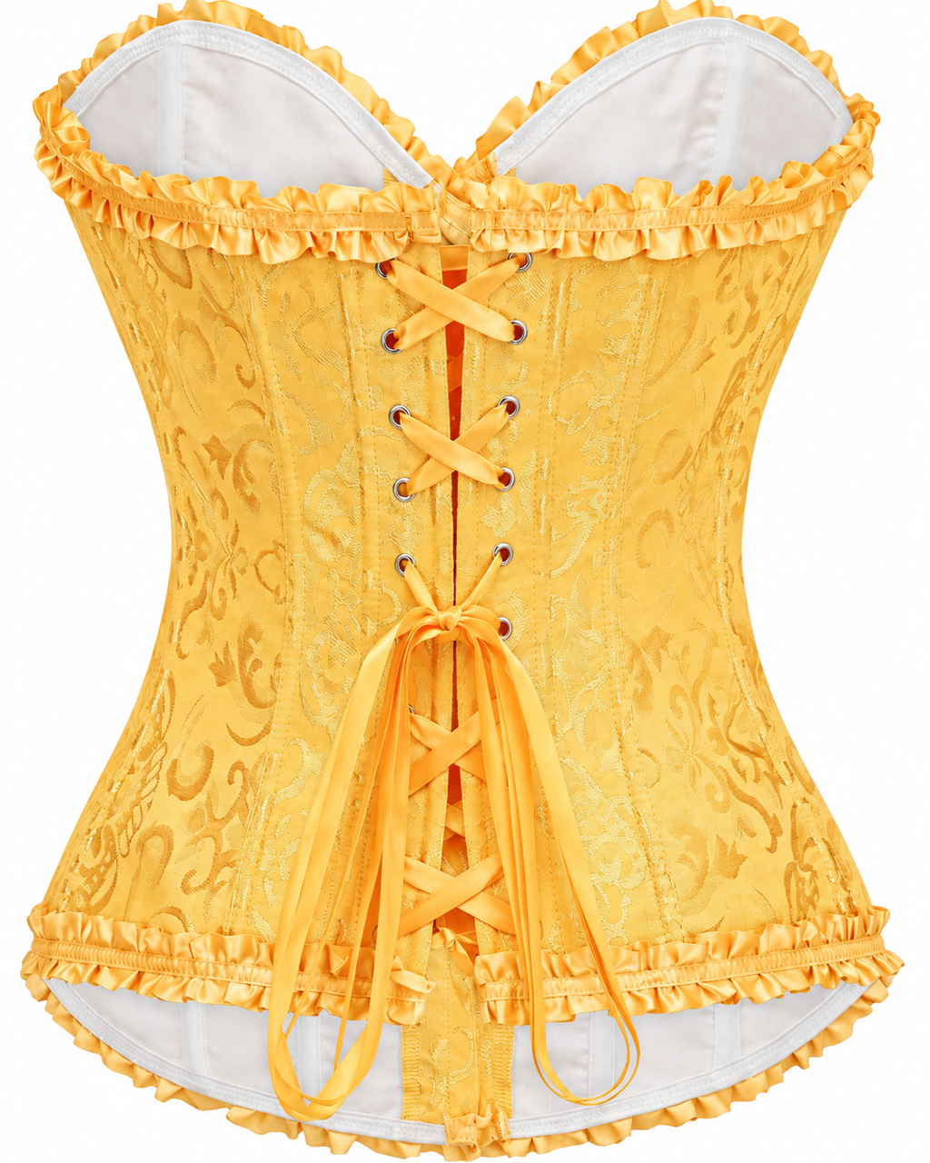 Ruffle Trim Brocade Corset Top in Sunflower Yellow, back view, product only, laced