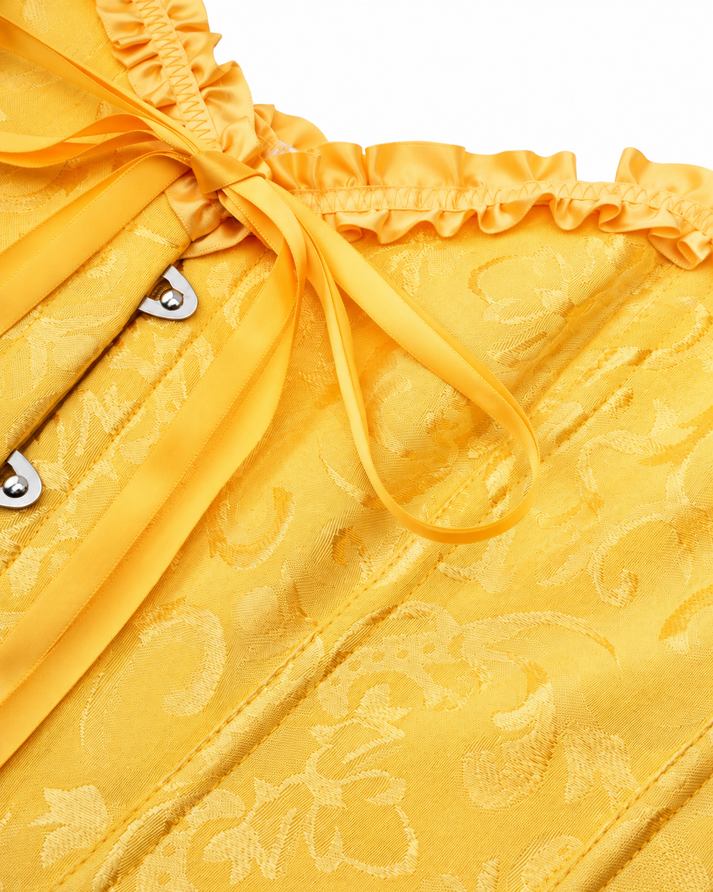 Ruffle Trim Brocade Corset Top in Sunflower Yellow, close-up of the ribbon bow and ruffle neckline