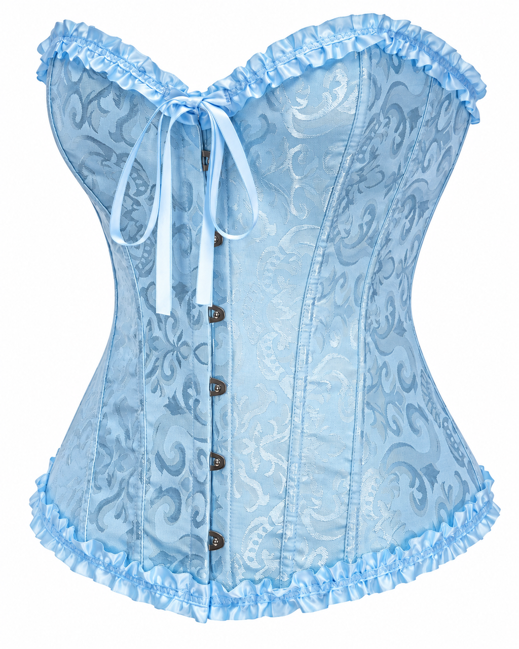 Ruffle Trim Brocade Corset Top in Baby Blue, three-quarter front view, product only