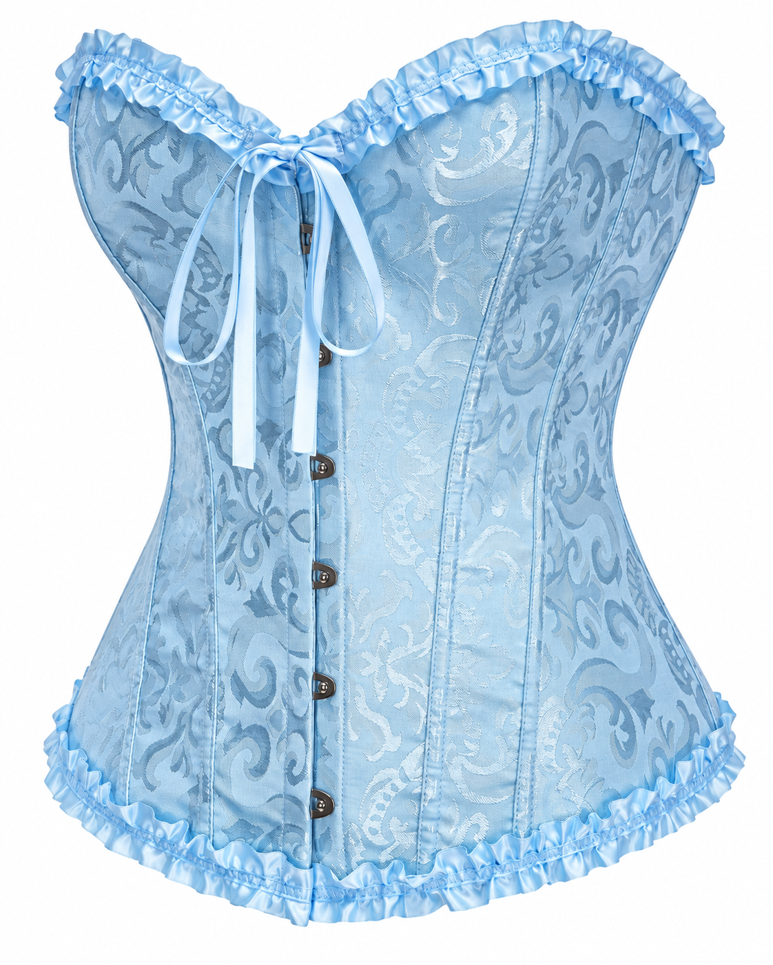 Ruffle Trim Brocade Corset Top in Baby Blue, three-quarter front view, product only