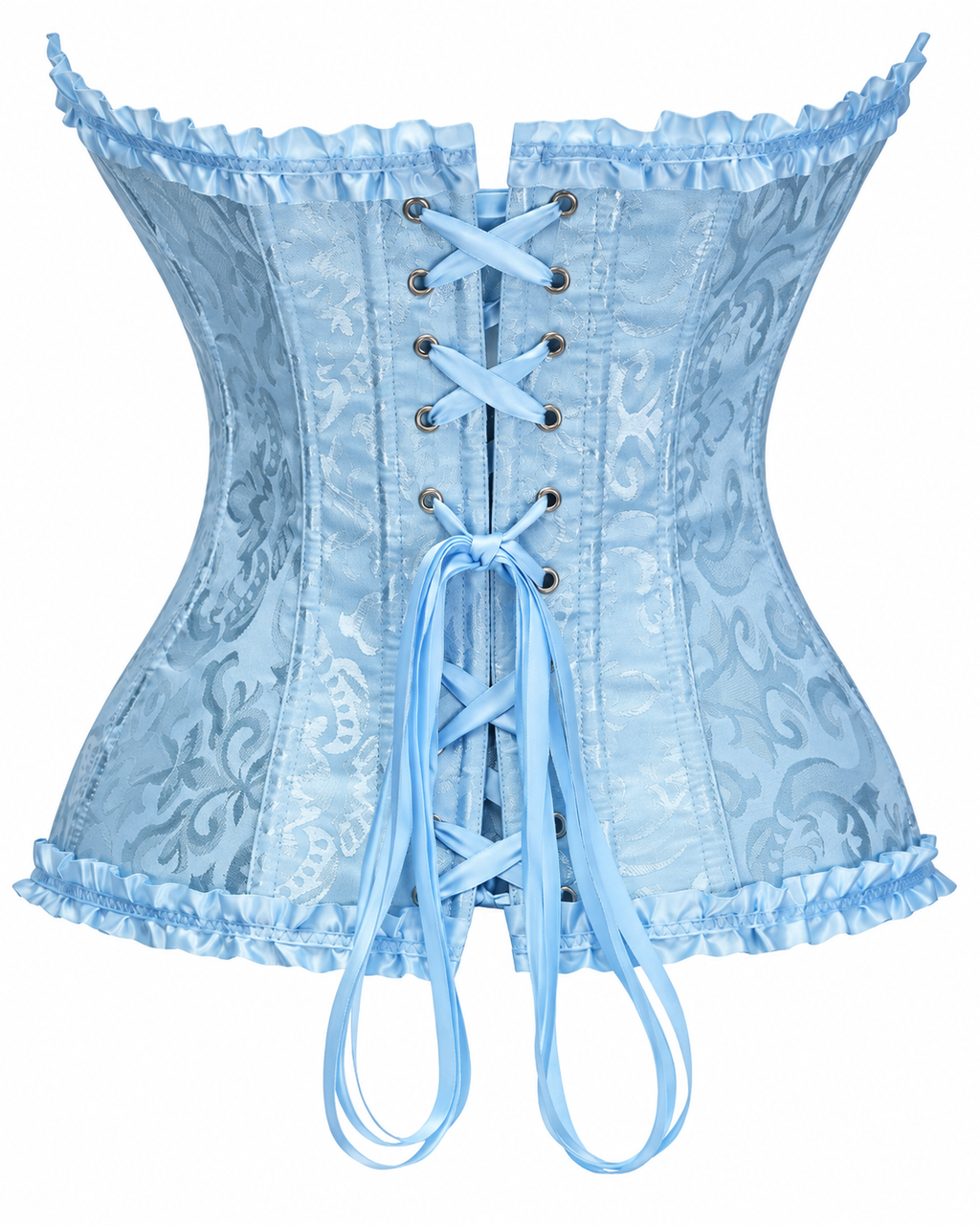 Ruffle Trim Brocade Corset Top in Baby Blue, back view, product only, laced