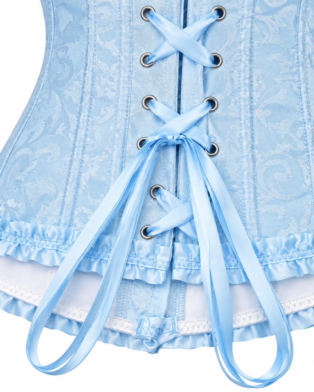 Ruffle Trim Brocade Corset Top in Baby Blue, close-up of the back lacing and ruffle hem