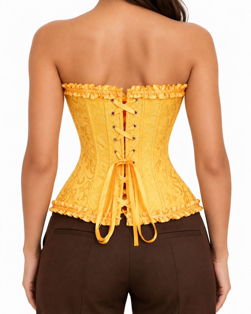 Ruffle Trim Brocade Corset Top in Sunflower Yellow, back view on model showing the ribbon lace-up