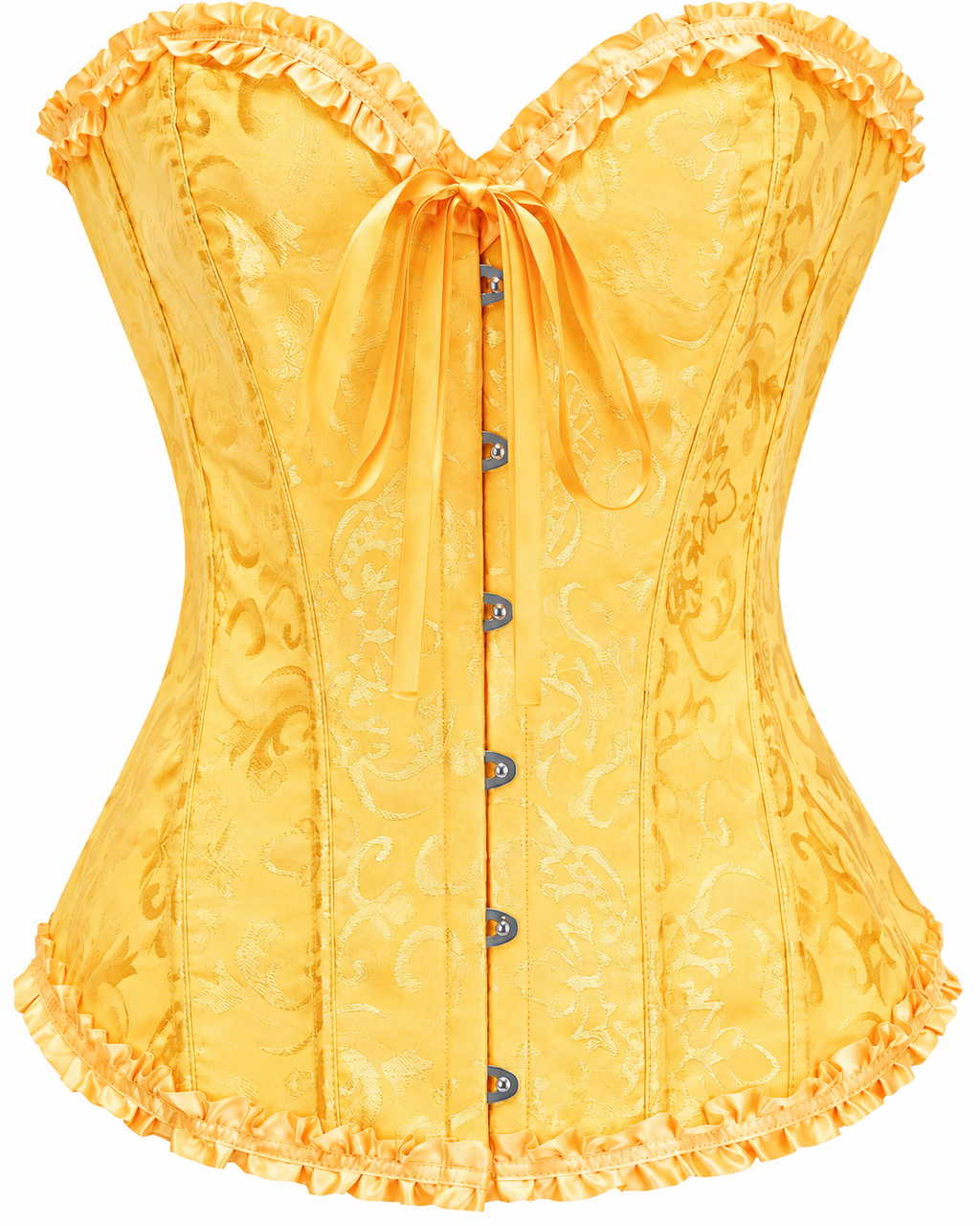 Ruffle Trim Brocade Corset Top in Sunflower Yellow, front view, product only