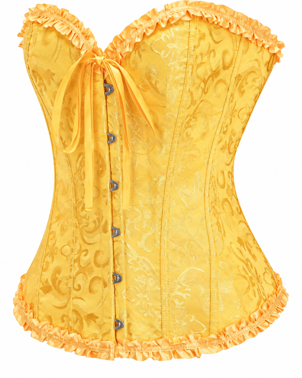 Ruffle Trim Brocade Corset Top in Sunflower Yellow, three-quarter front view, product only