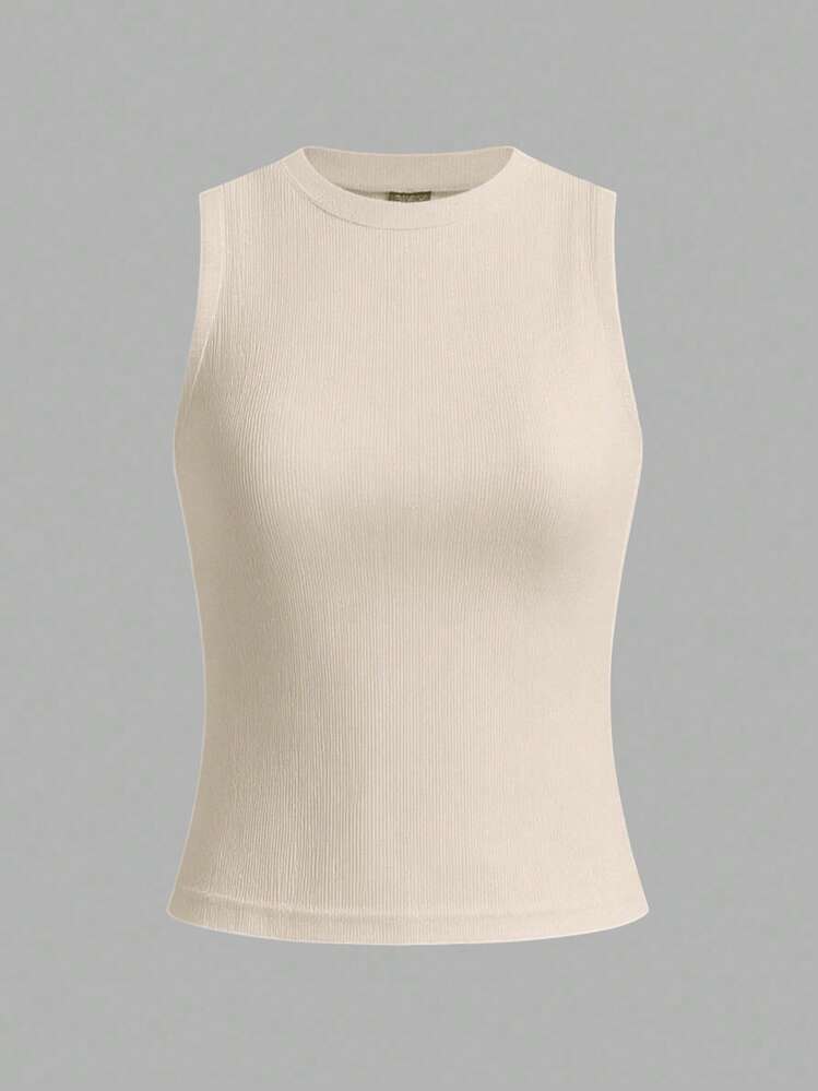 Cream Ribbed High Neck Vest Top, laid flat