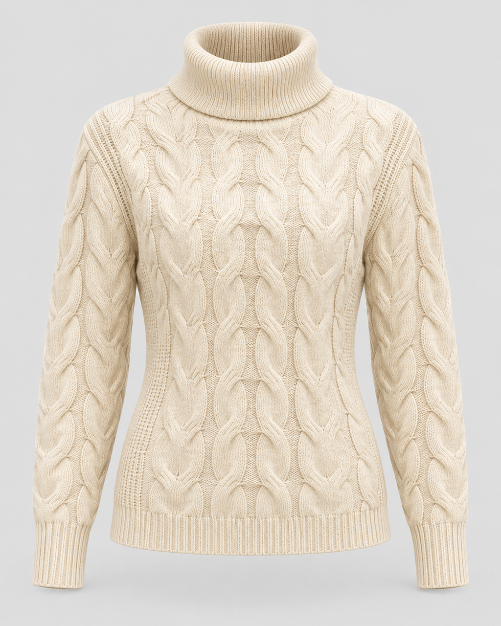 Cable Knit Turtleneck Jumper in Cream, front view on its own