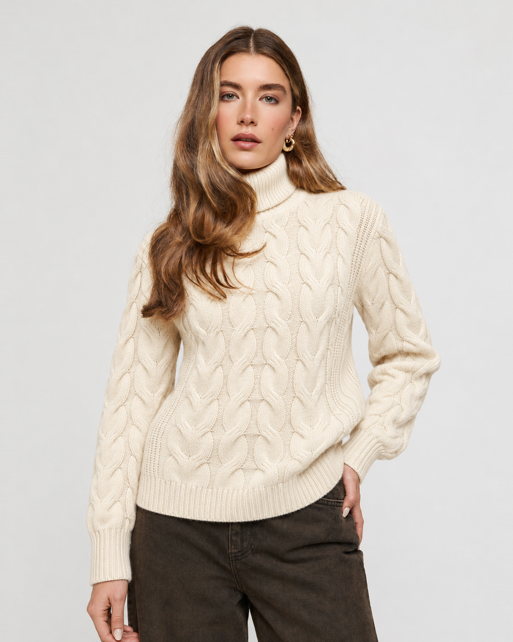 Cable Knit Turtleneck Jumper in Cream, front view on model