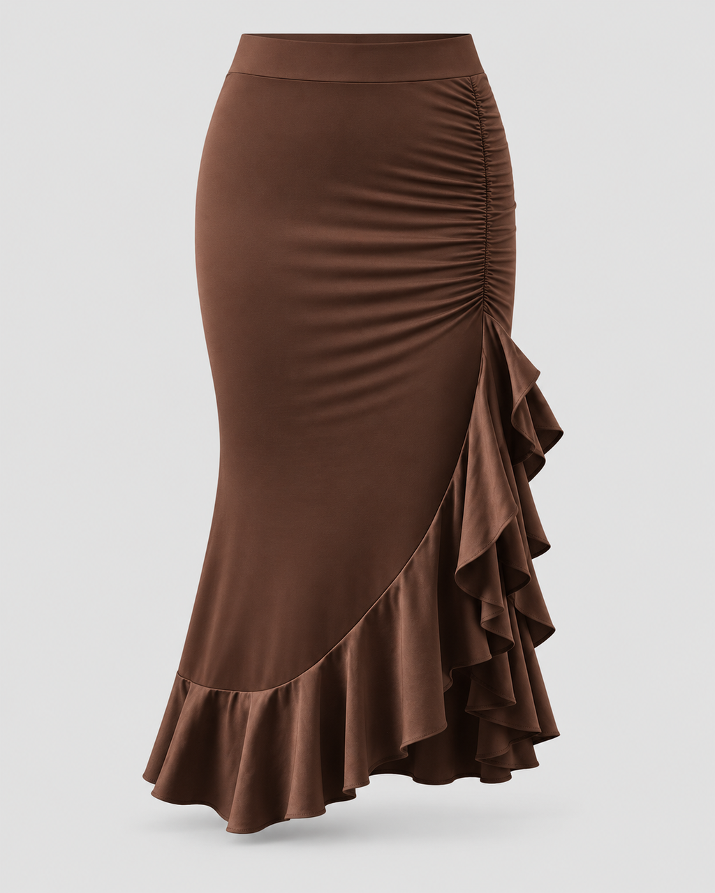 Asymmetric Ruffle Ruched Midi Skirt in Mocha Brown, front view on its own