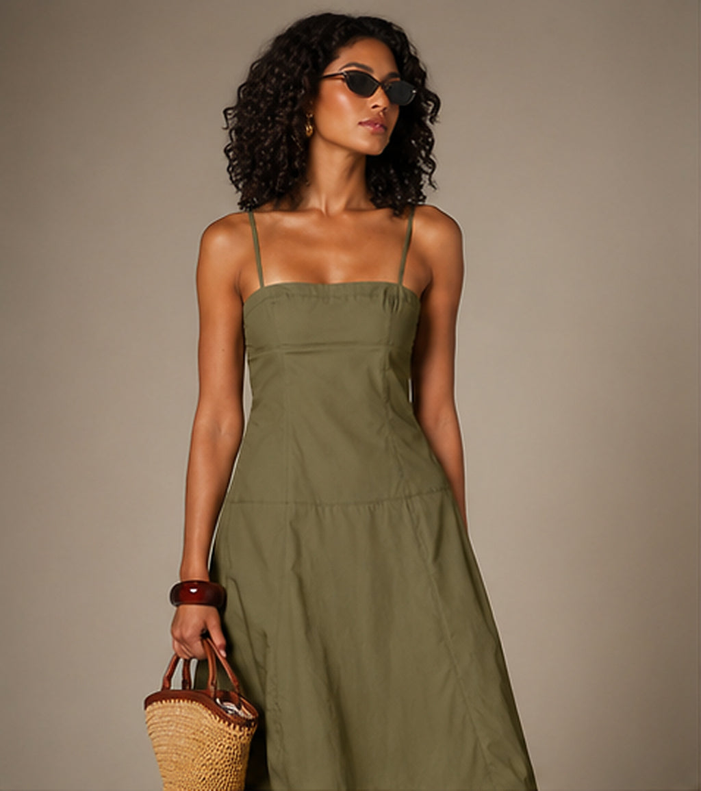 Tiered Cotton Midi Dress in Olive Green, bodice and skirt detail