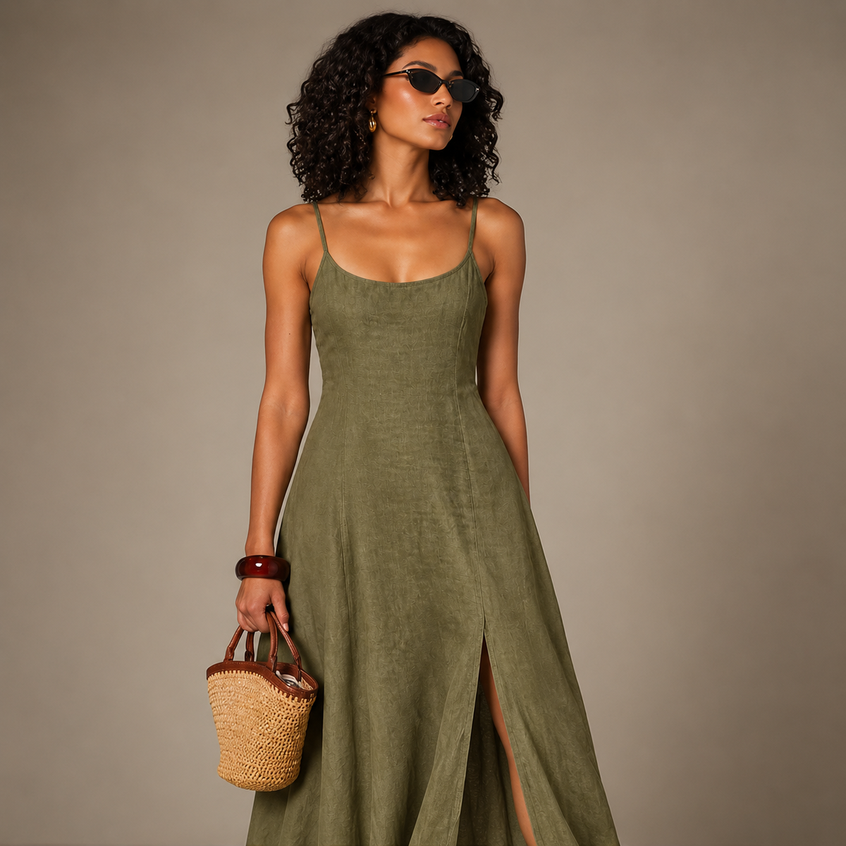 Scoop Neck Split Maxi Dress in Olive Green, full-length front view