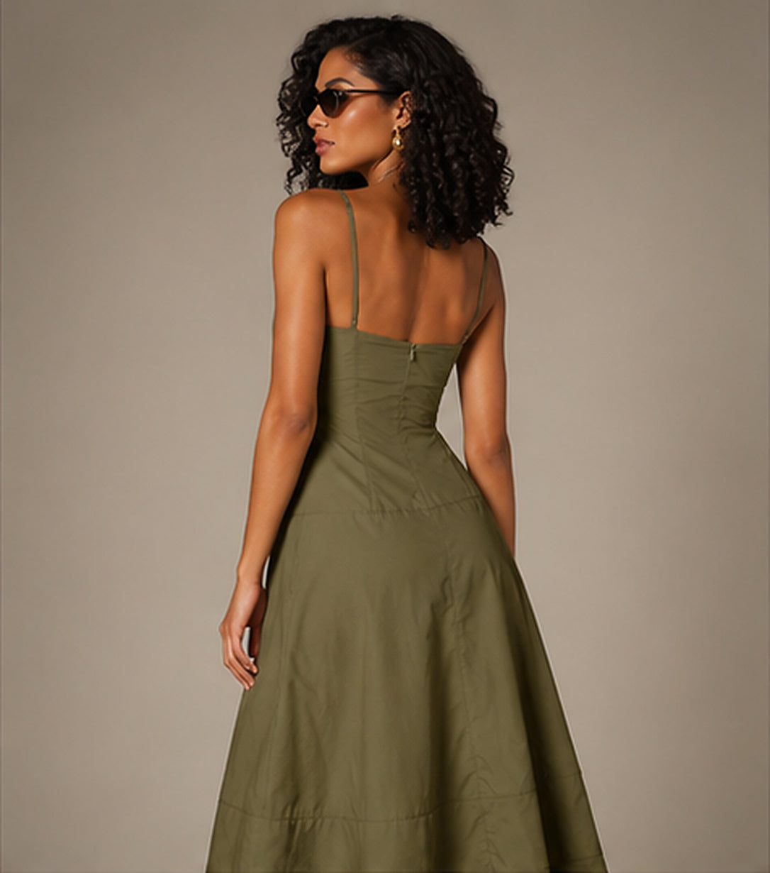 Back view of the Tiered Cotton Midi Dress in Olive Green