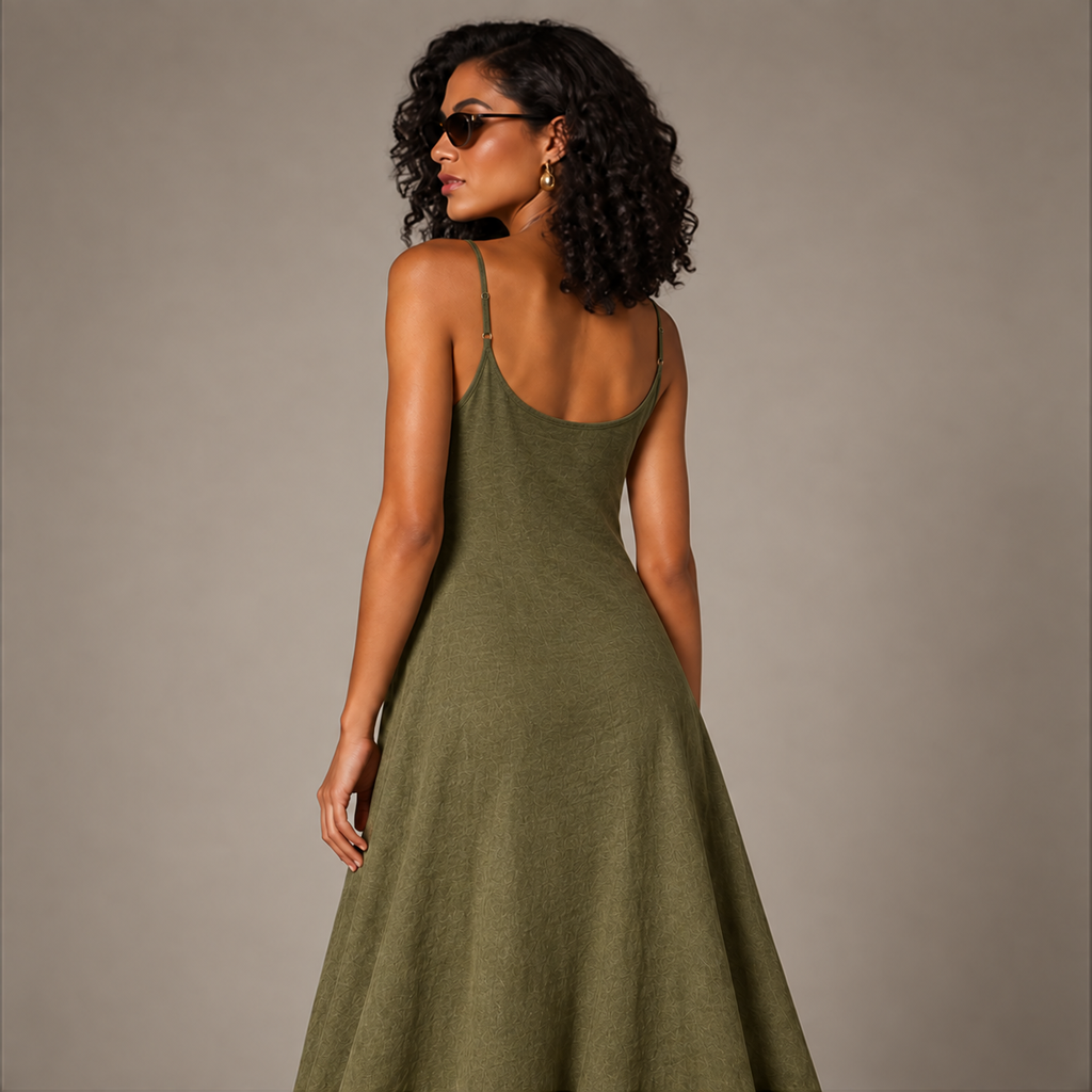 Back view of the Scoop Neck Split Maxi Dress in Olive Green showing the low scooped back