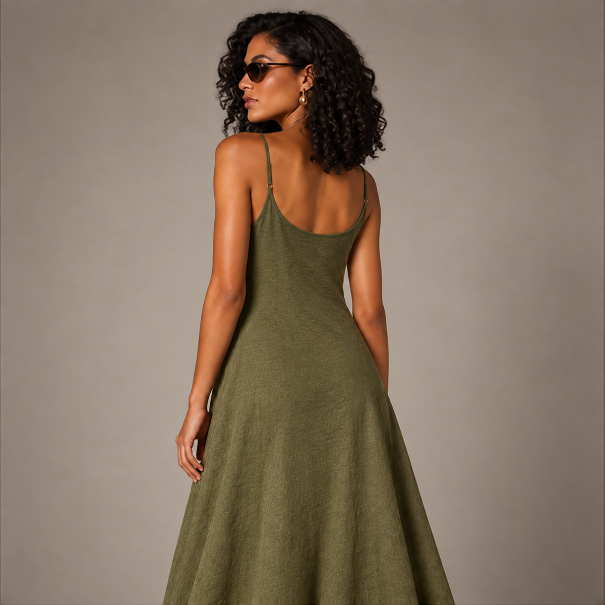 Back view of the Scoop Neck Split Maxi Dress in Olive Green showing the low scooped back