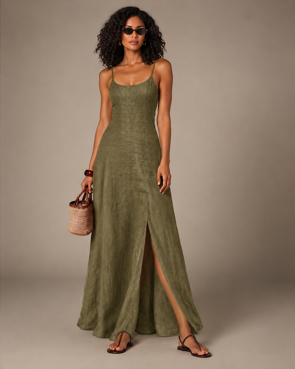 Model wearing the Scoop Neck Split Maxi Dress in Olive Green, front view with the front split