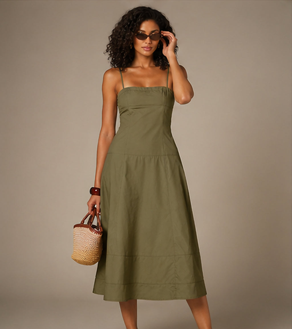 Tiered Cotton Midi Dress in Olive Green, three-quarter view