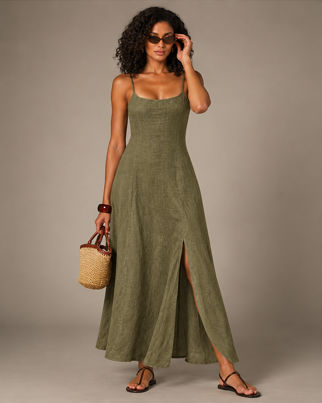 Scoop Neck Split Maxi Dress in Olive Green, flared floor-length skirt