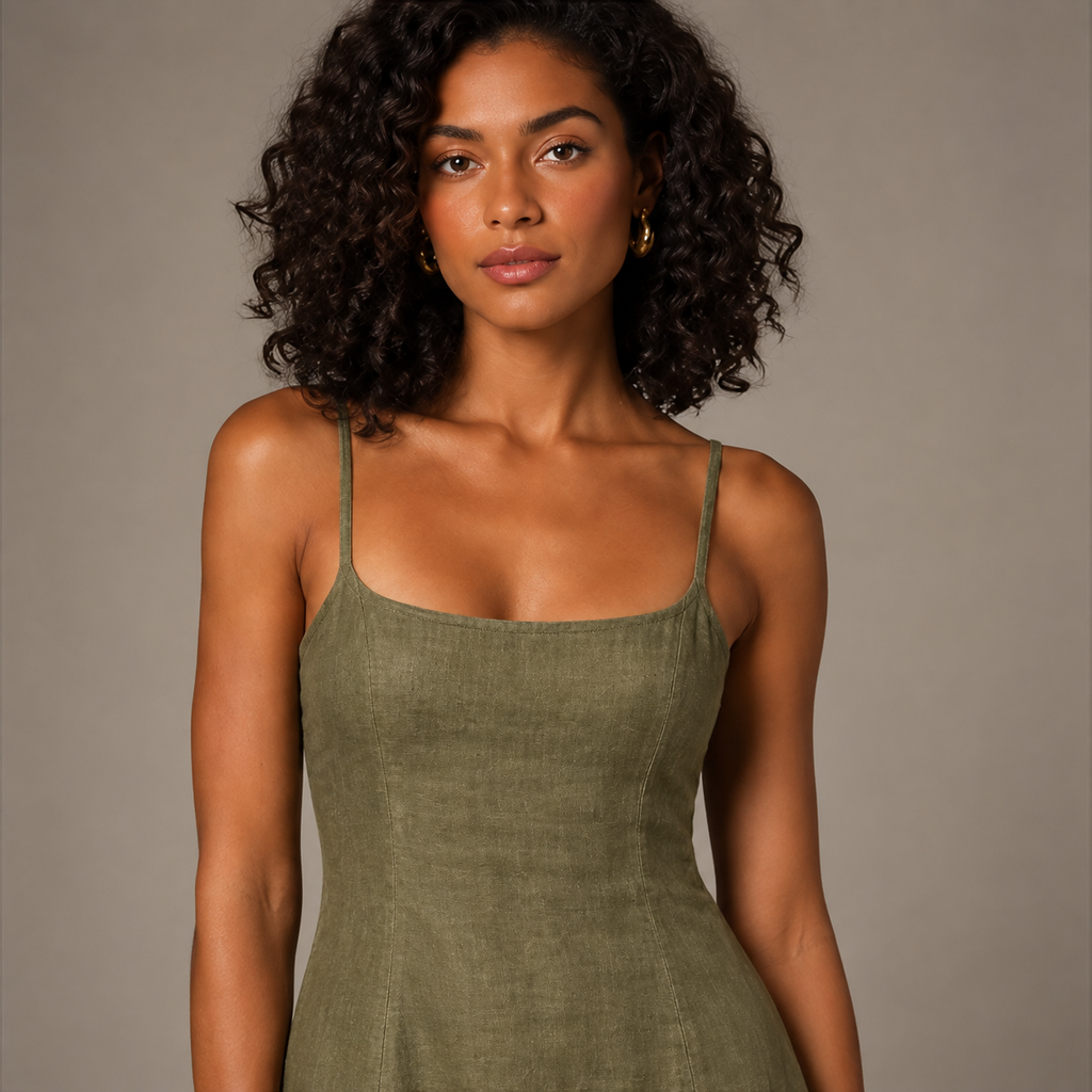 Close-up of the scoop neckline and fine shoulder straps in Olive Green