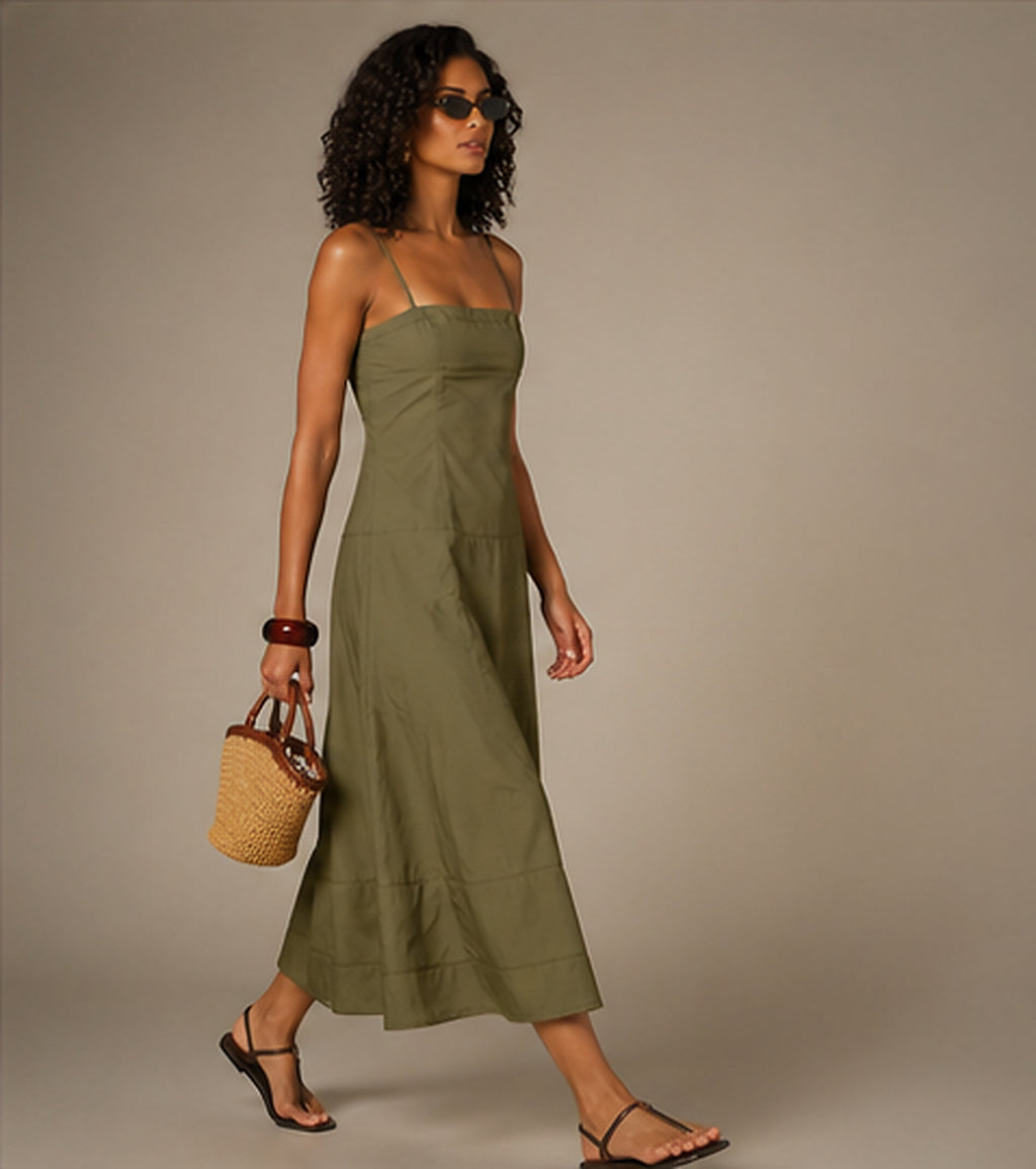 Tiered Cotton Midi Dress in Olive Green, side view in motion