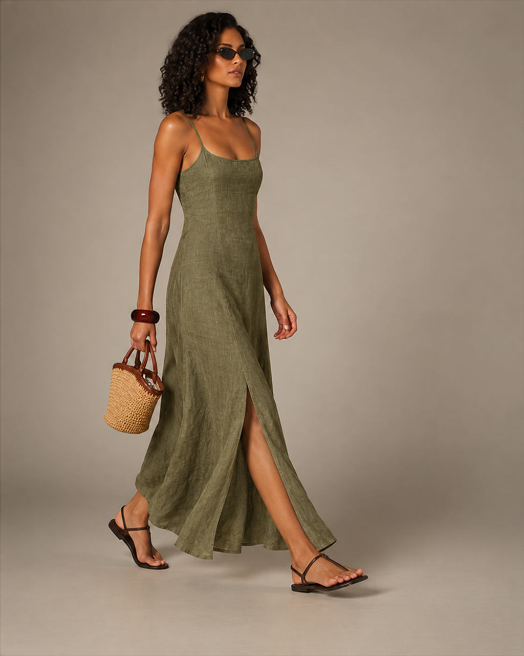 Scoop Neck Split Maxi Dress in Olive Green, side view in motion