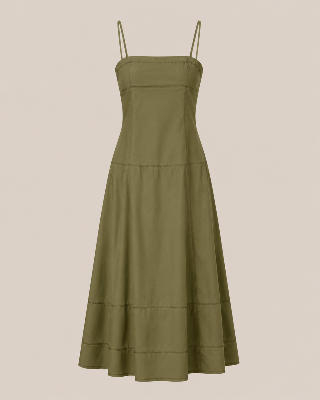 Tiered Cotton Midi Dress in Olive Green, product flat lay