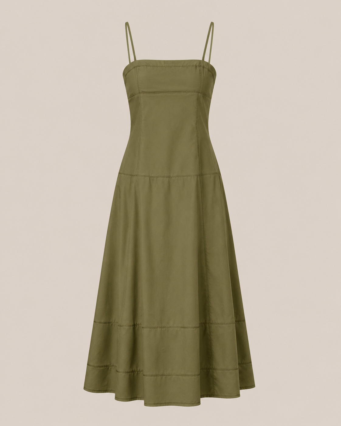 Tiered Cotton Midi Dress in Olive Green, product flat lay