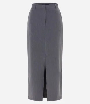 Charcoal grey tailored maxi skirt with a front slit