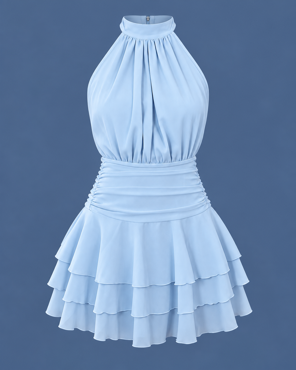 Halterneck Ruched-Waist Tiered Mini Dress in Baby Blue, front of the dress on its own