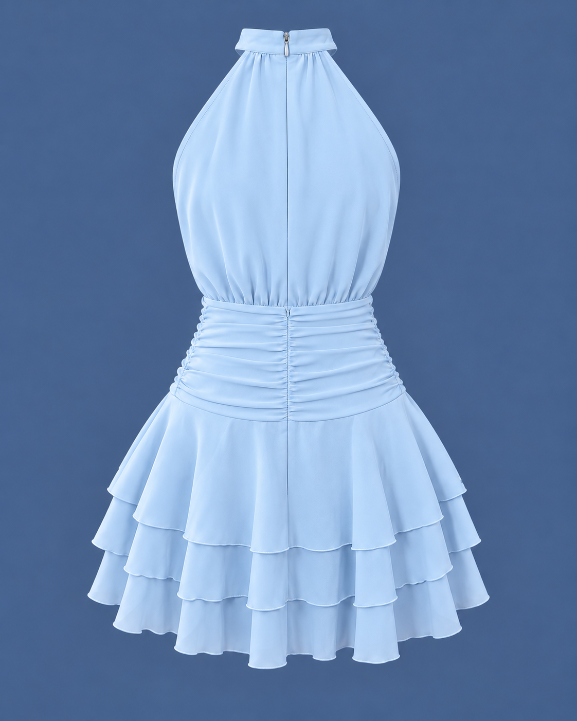 Halterneck Ruched-Waist Tiered Mini Dress in Baby Blue, back of the dress on its own, showing the zip