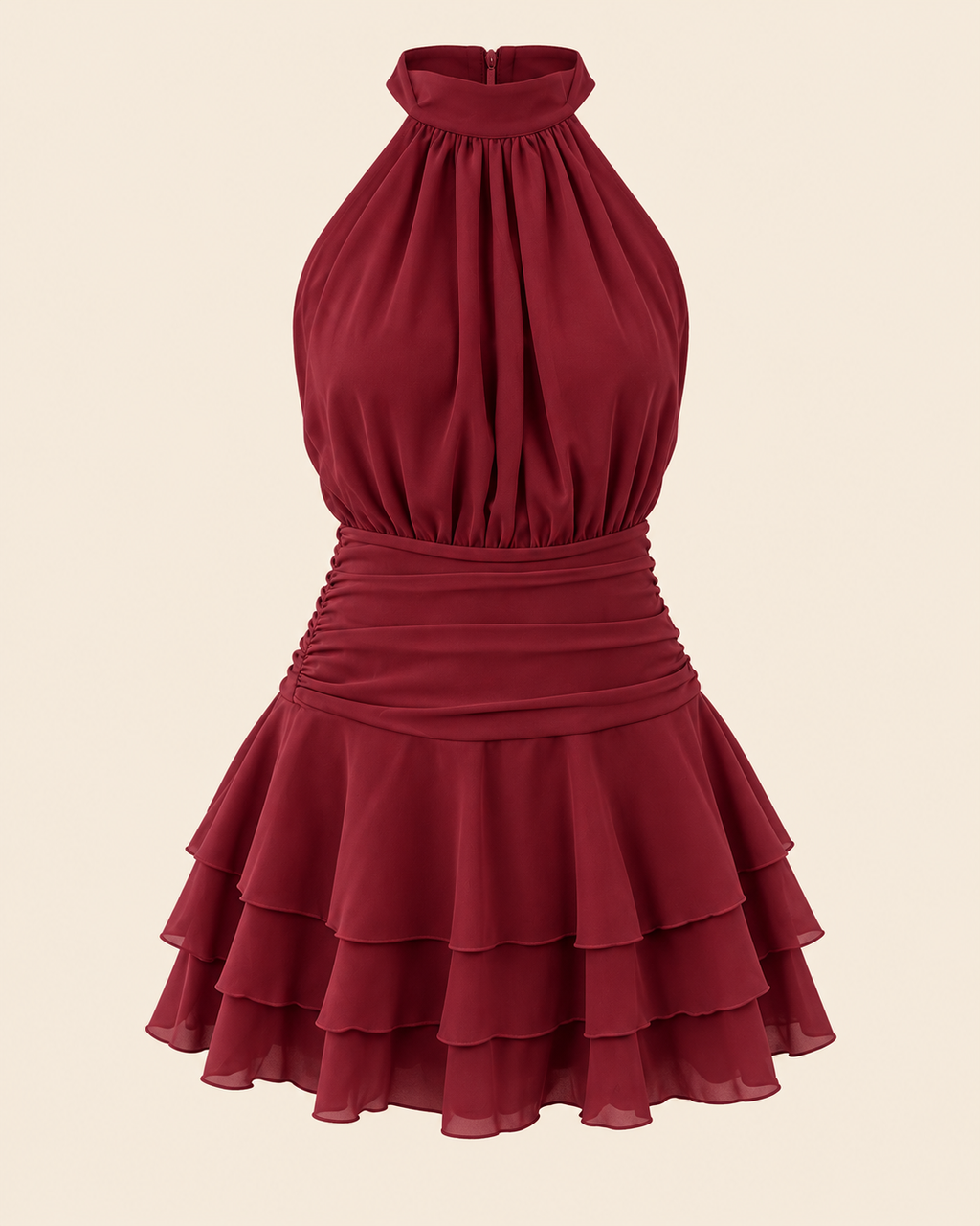 Halterneck Ruched-Waist Tiered Mini Dress in Burgundy, front of the dress on its own