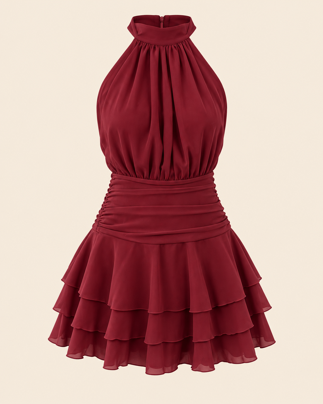 Halterneck Ruched-Waist Tiered Mini Dress in Burgundy, front of the dress on its own