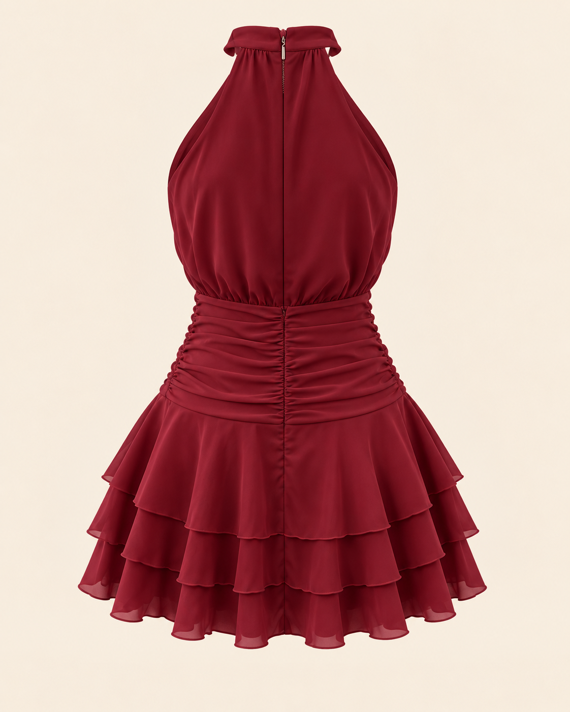 Halterneck Ruched-Waist Tiered Mini Dress in Burgundy, back of the dress on its own, showing the zip