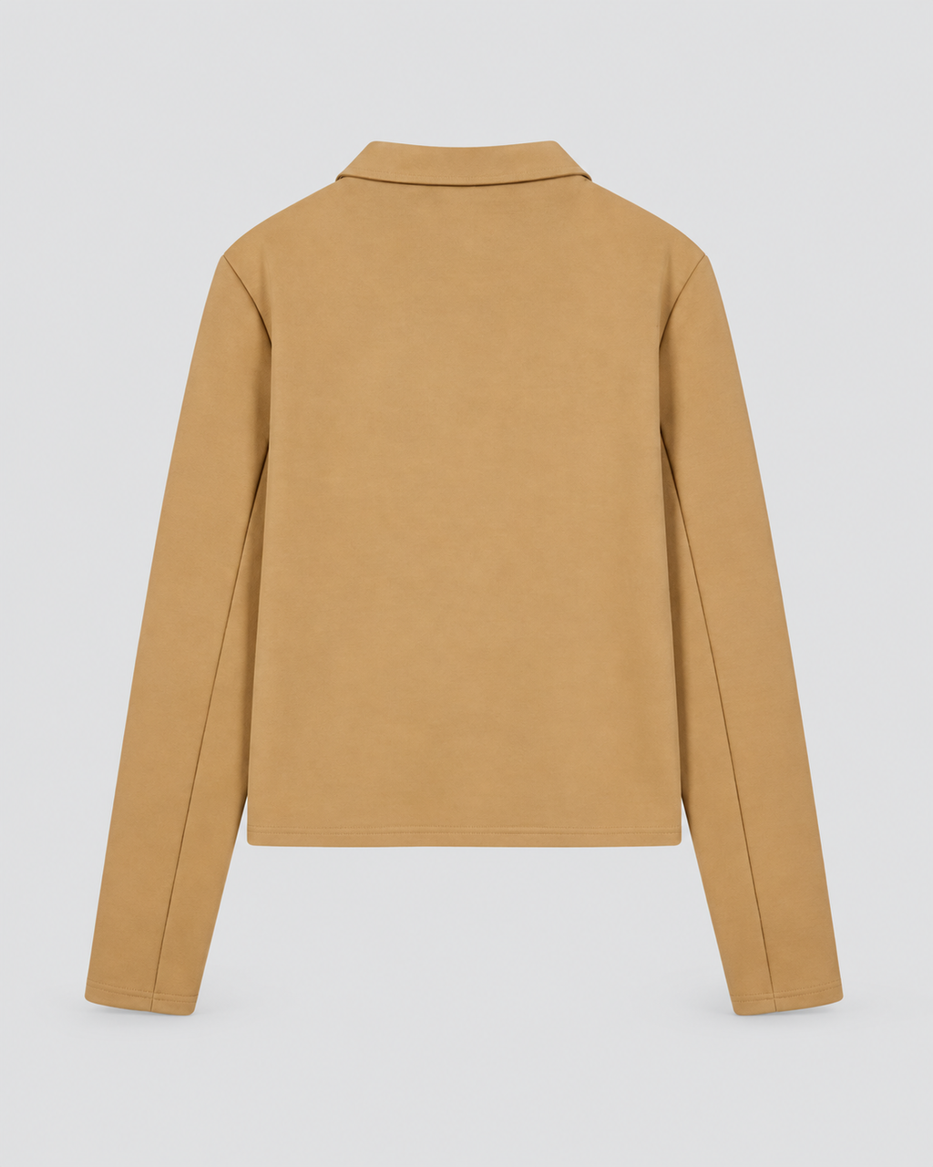 Faux Suede Cropped Collared Jacket in Camel, back view on its own
