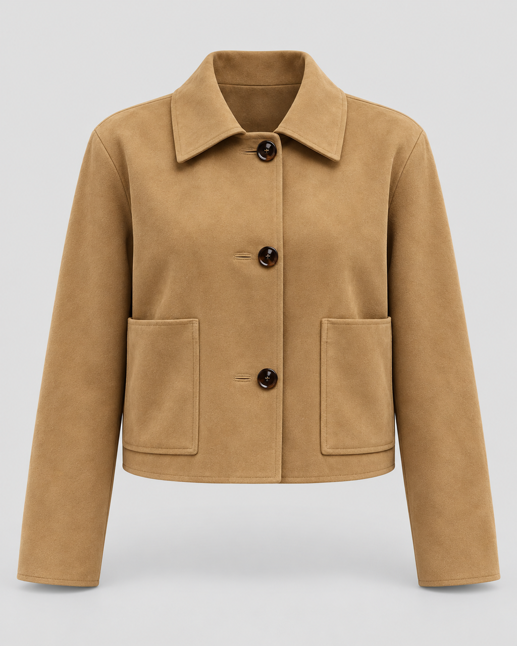 Faux Suede Cropped Collared Jacket in Camel, front view on its own