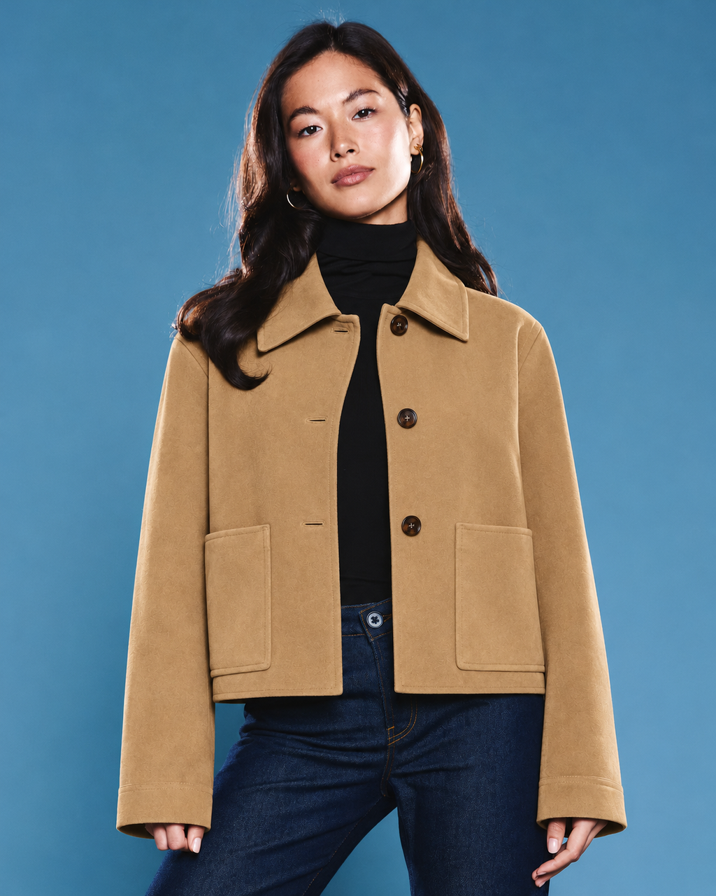 Faux Suede Cropped Collared Jacket in Camel, front view on model