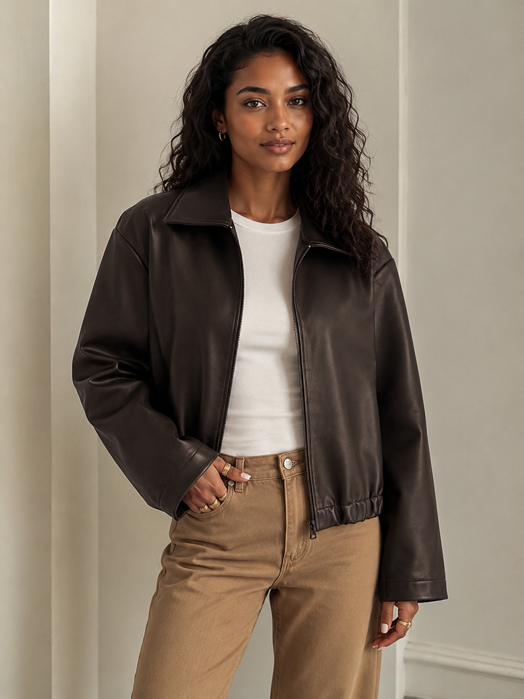 Mocha Brown faux leather bomber jacket