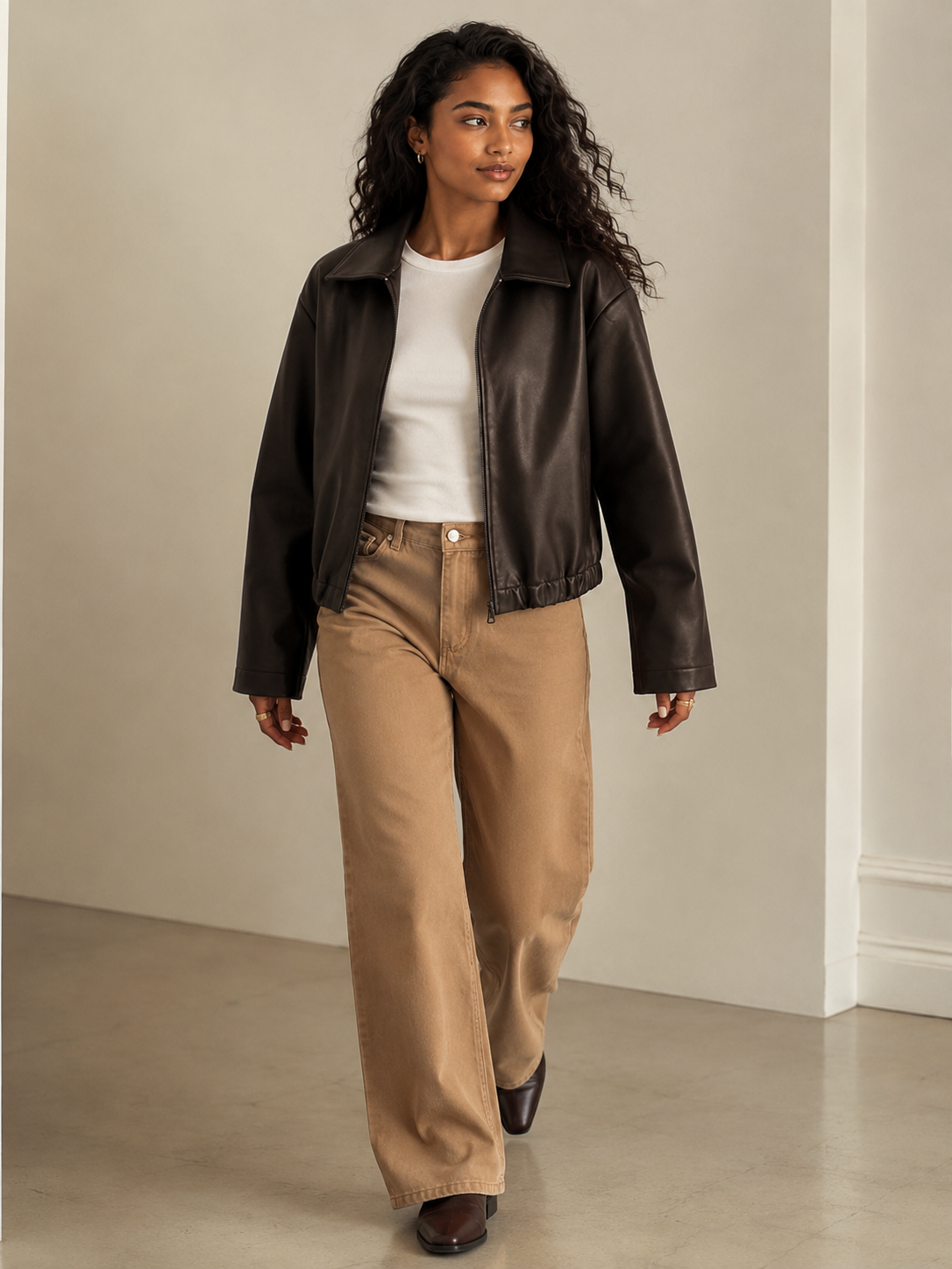 Mocha Brown faux leather bomber jacket