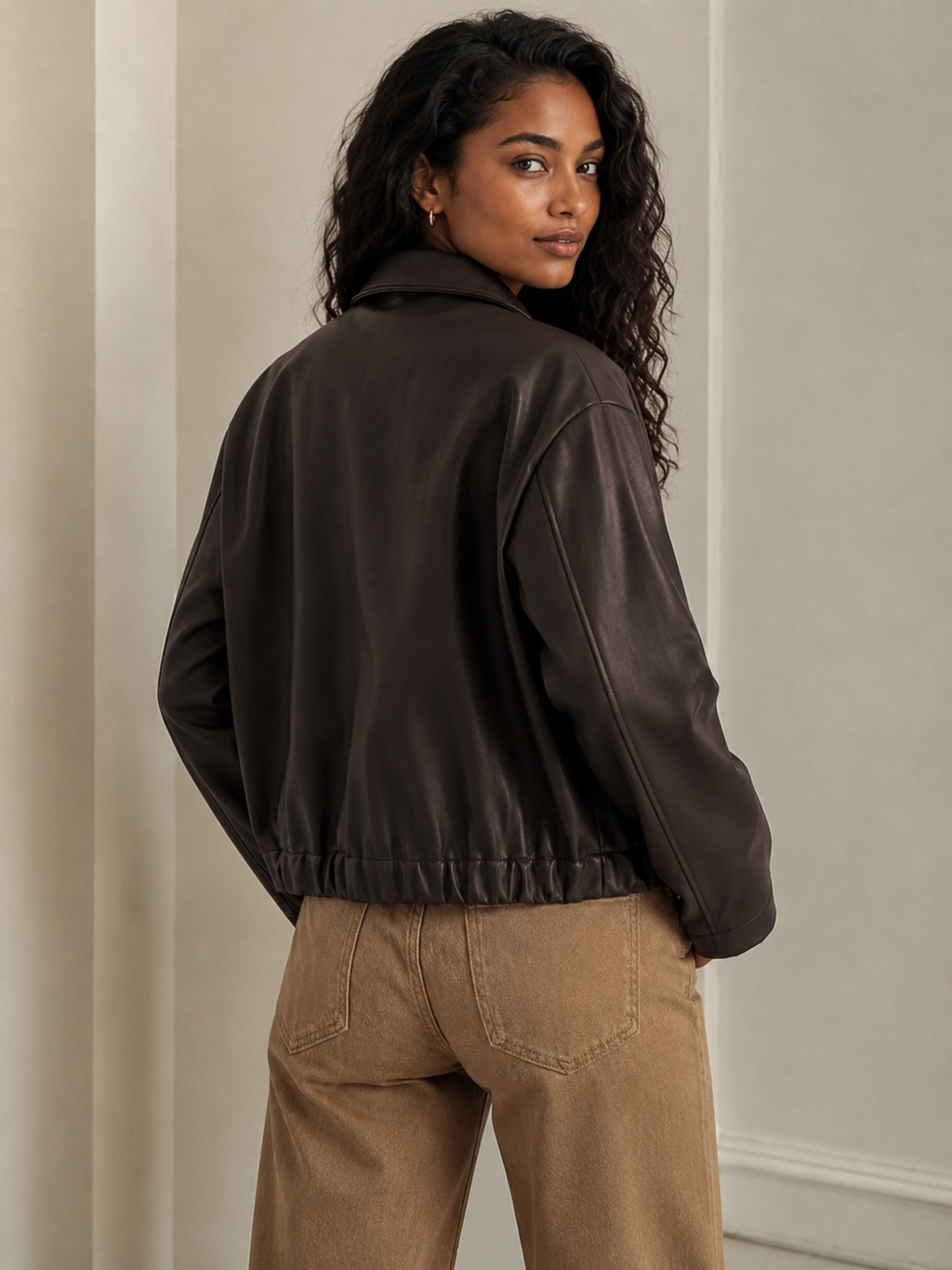 Mocha Brown faux leather bomber jacket