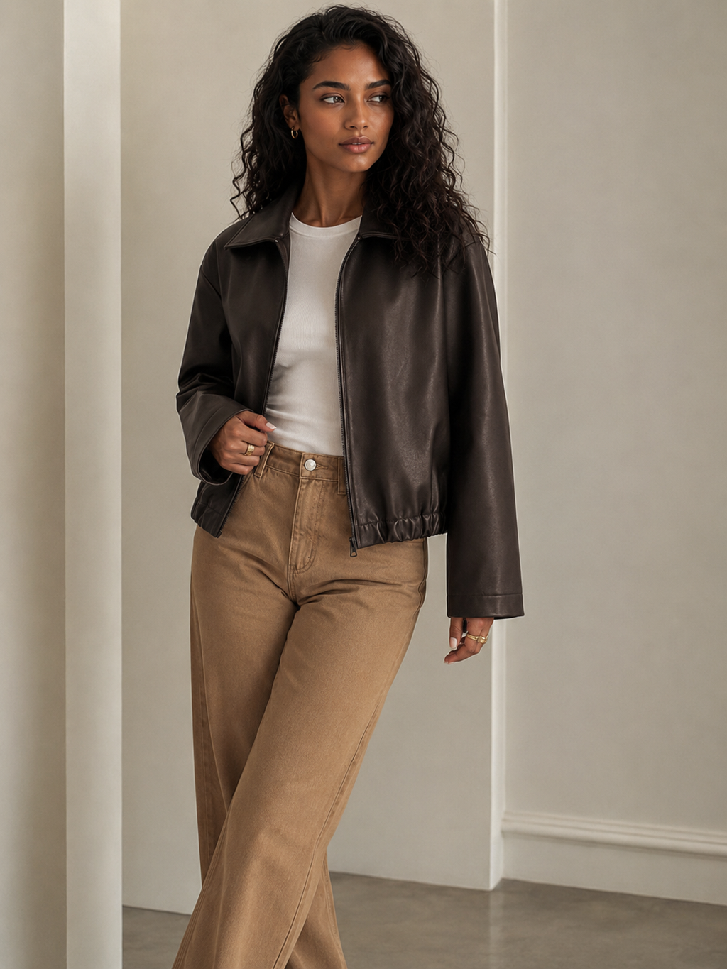 Mocha Brown faux leather bomber jacket