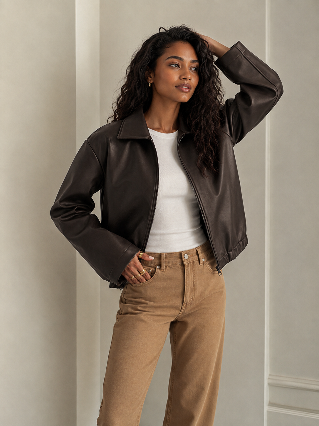 Mocha Brown faux leather bomber jacket