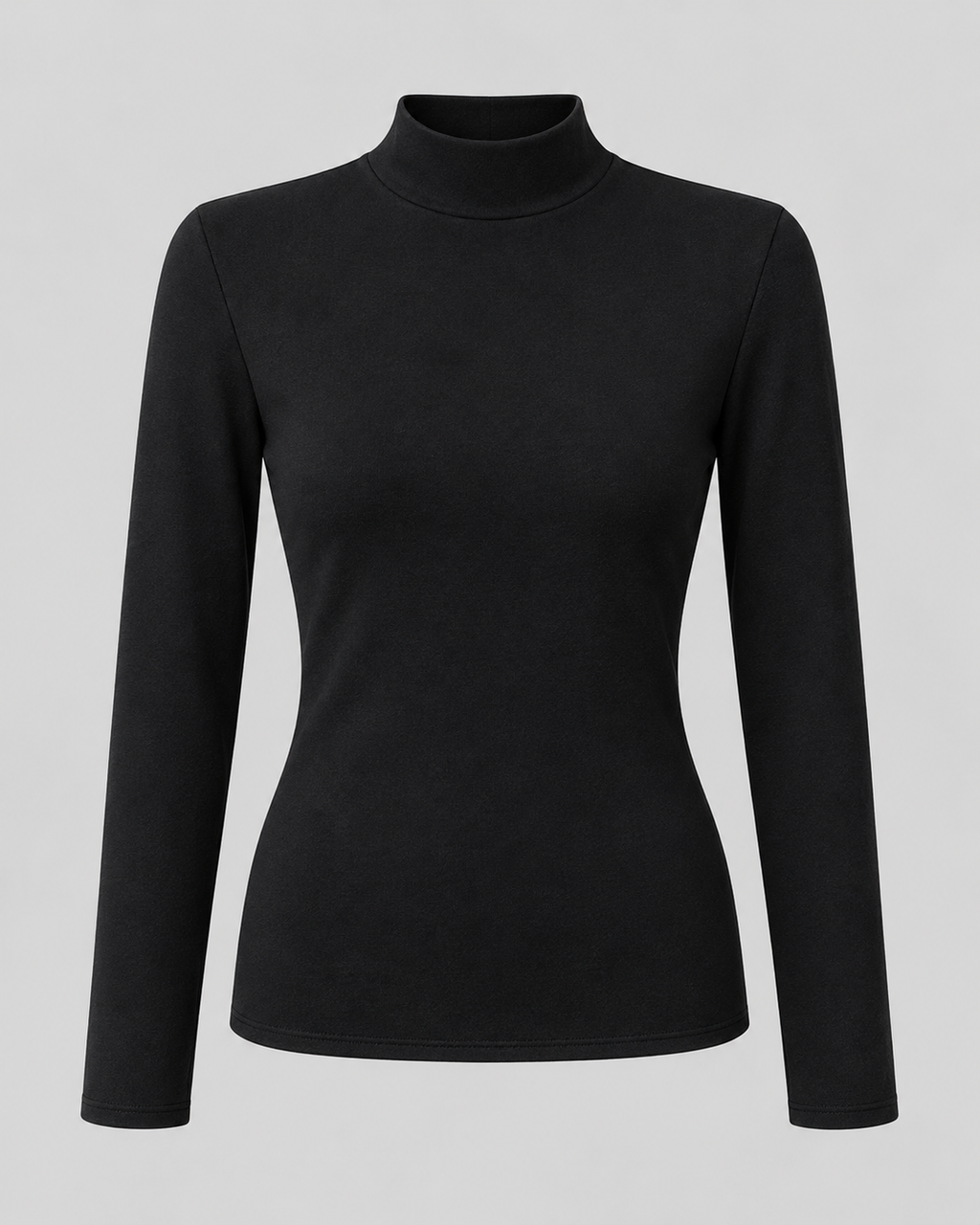 Mock Neck Long Sleeve Top in Black, laid flat