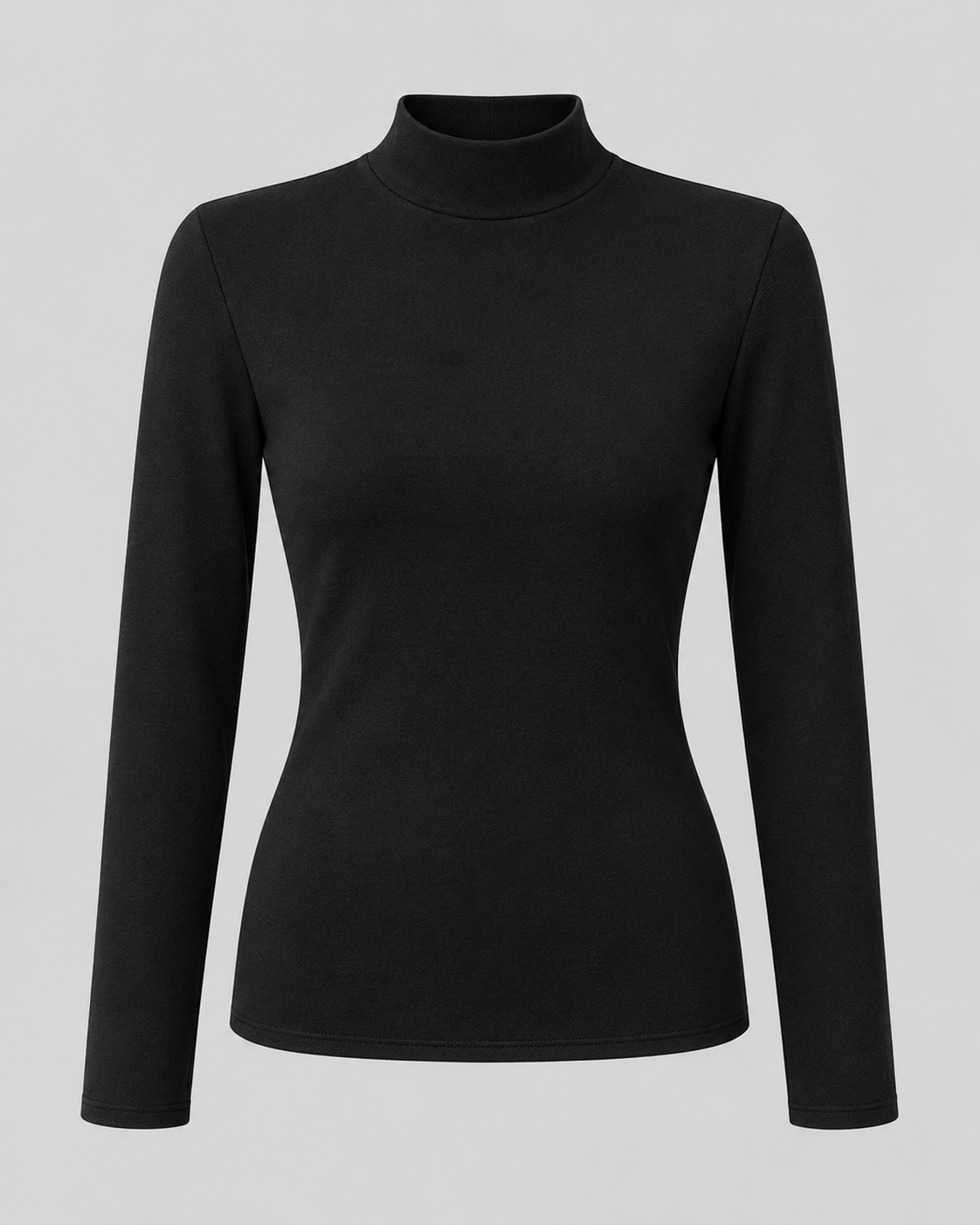 Mock Neck Long Sleeve Top in Black, laid flat