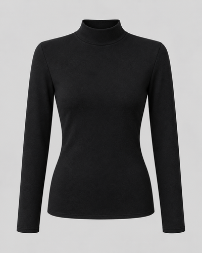 Mock Neck Long Sleeve Top in Black, laid flat