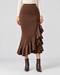 Asymmetric Ruffle Ruched Midi Skirt in Mocha Brown, front view on model